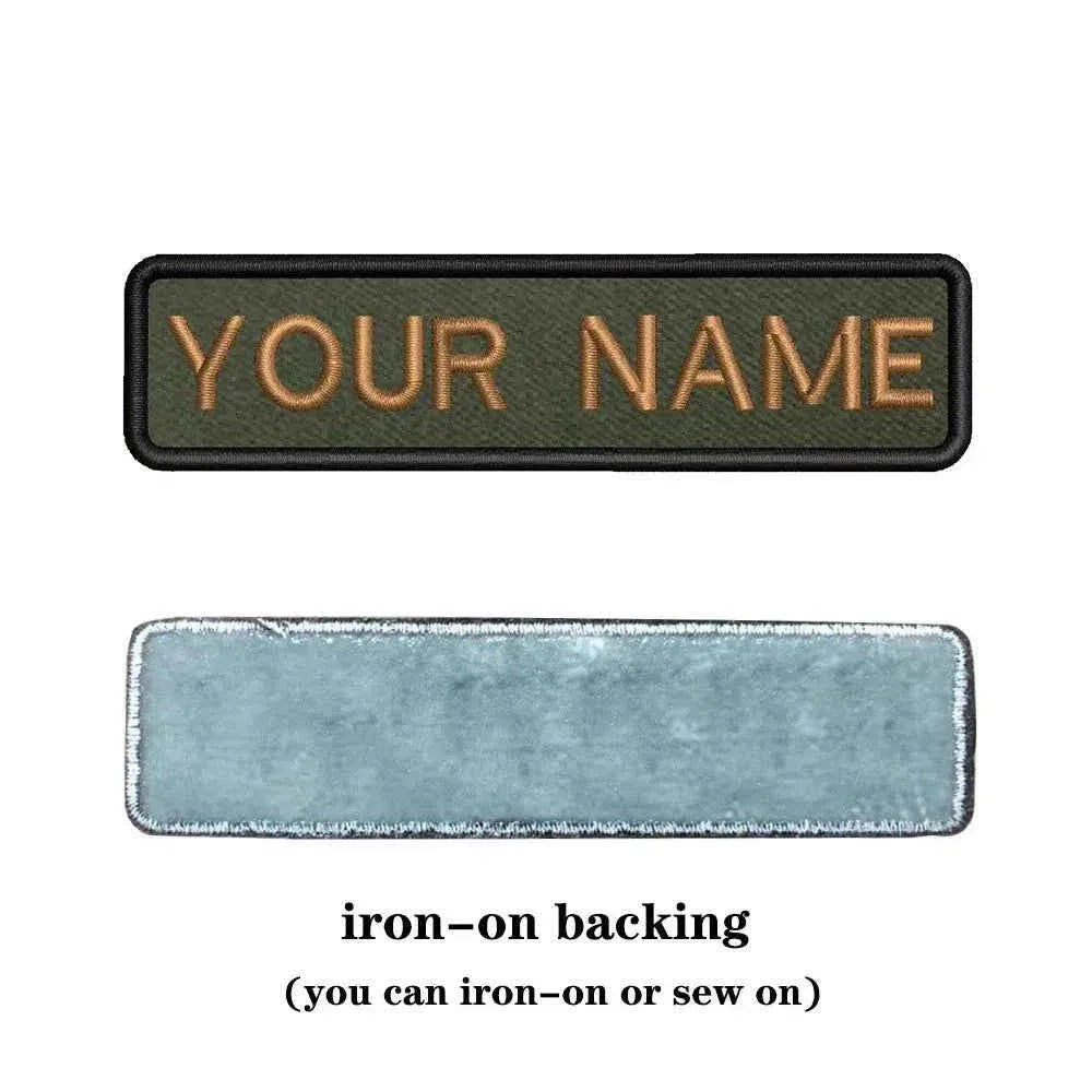 Custom name patch in olive green with yellow lettering for military personalization