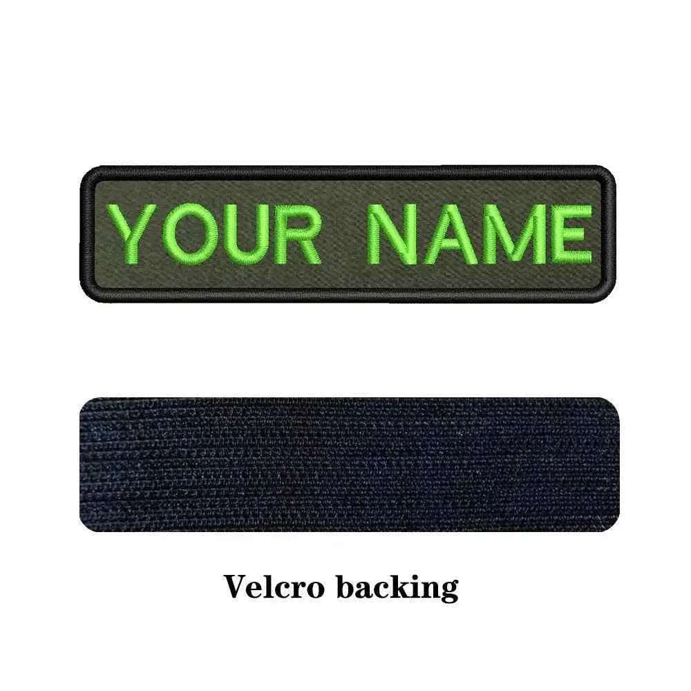 Custom name patch in green with Velcro backing for military gear