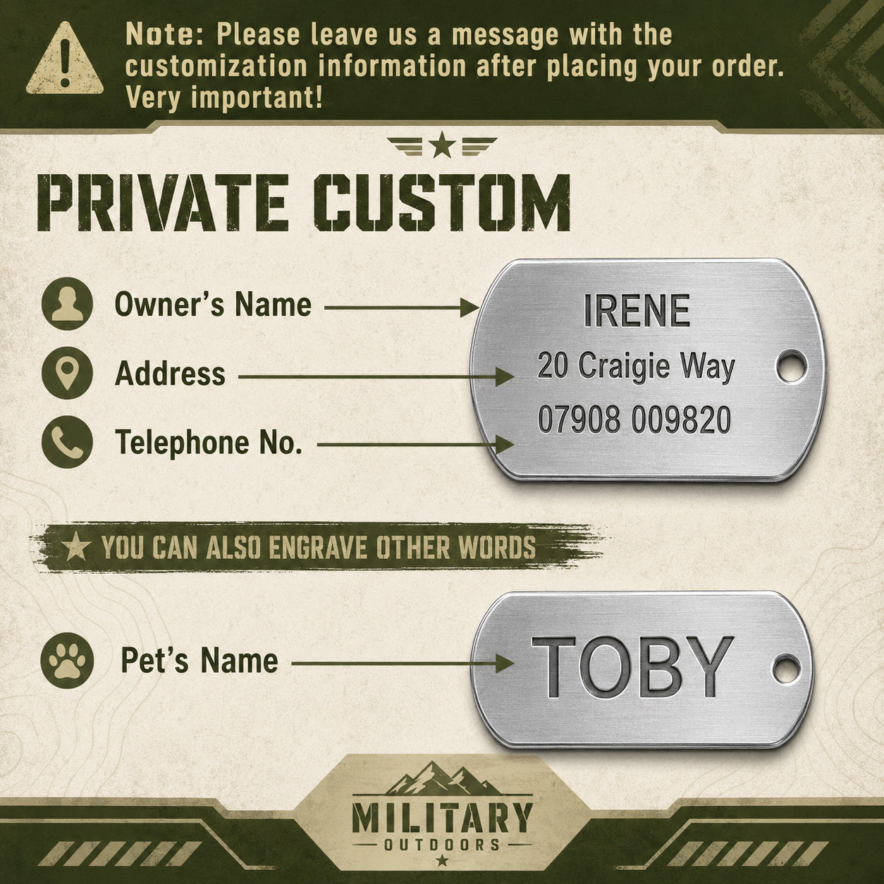 Custom stainless steel pet ID dog tag with engraved name and phone number for collar attachment