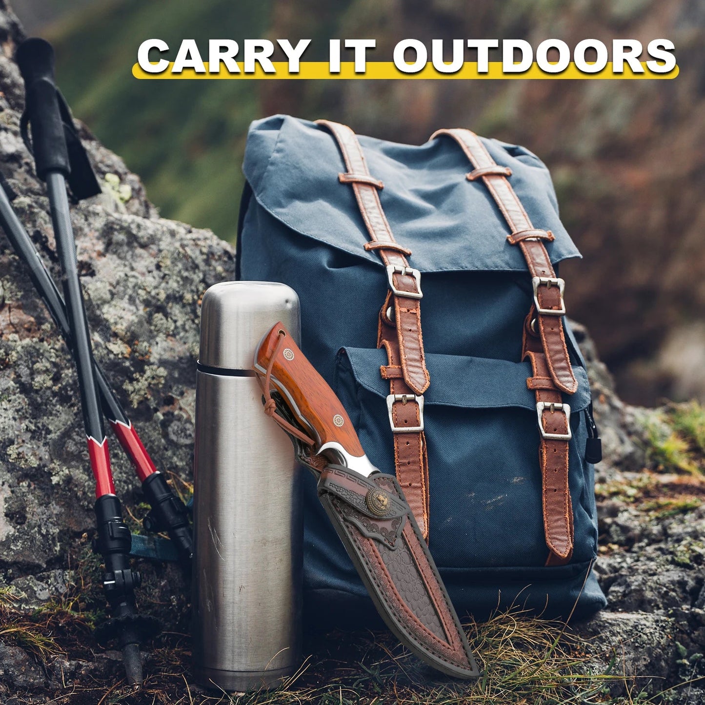 Damascus handmade knife displayed next to a stylish backpack and thermos for outdoor adventures