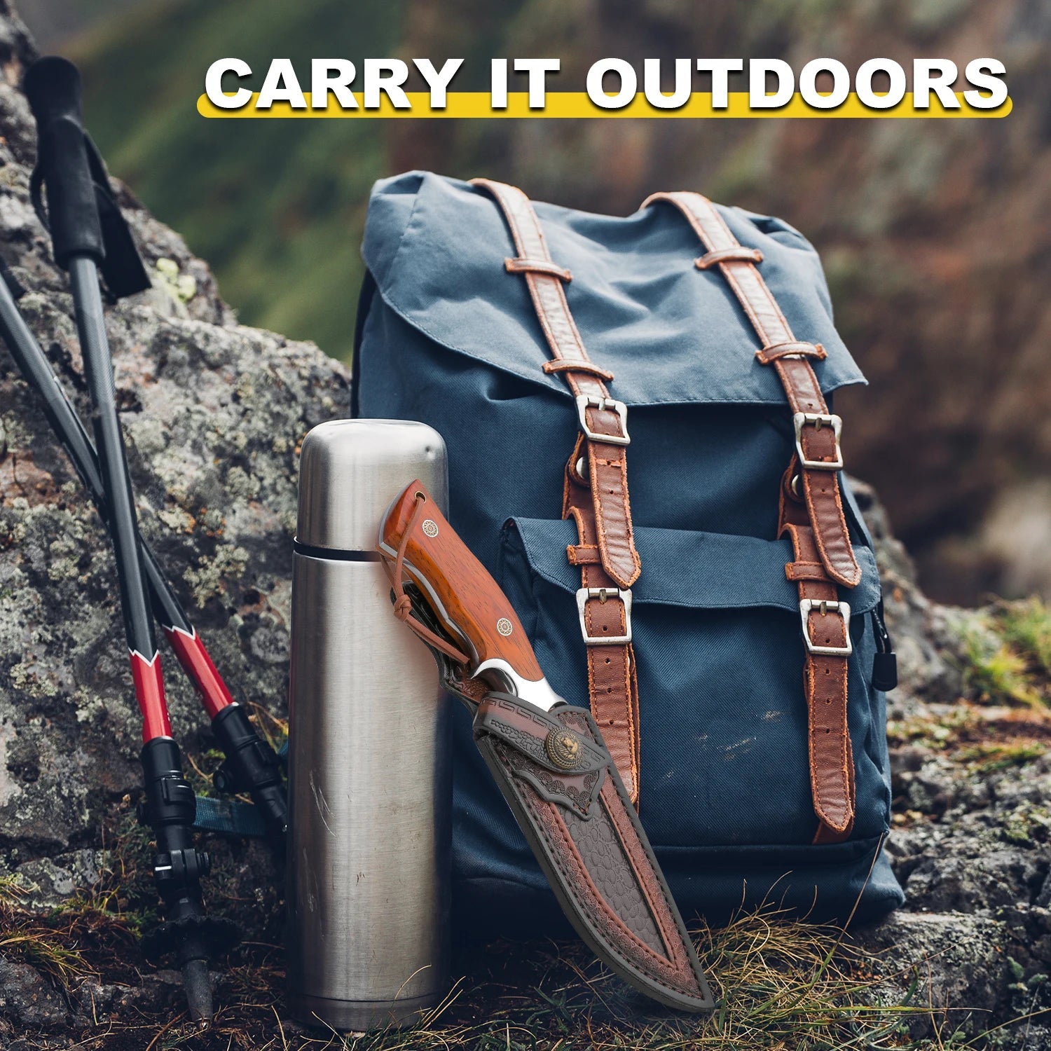 Damascus handmade knife displayed next to a stylish backpack and thermos for outdoor adventures