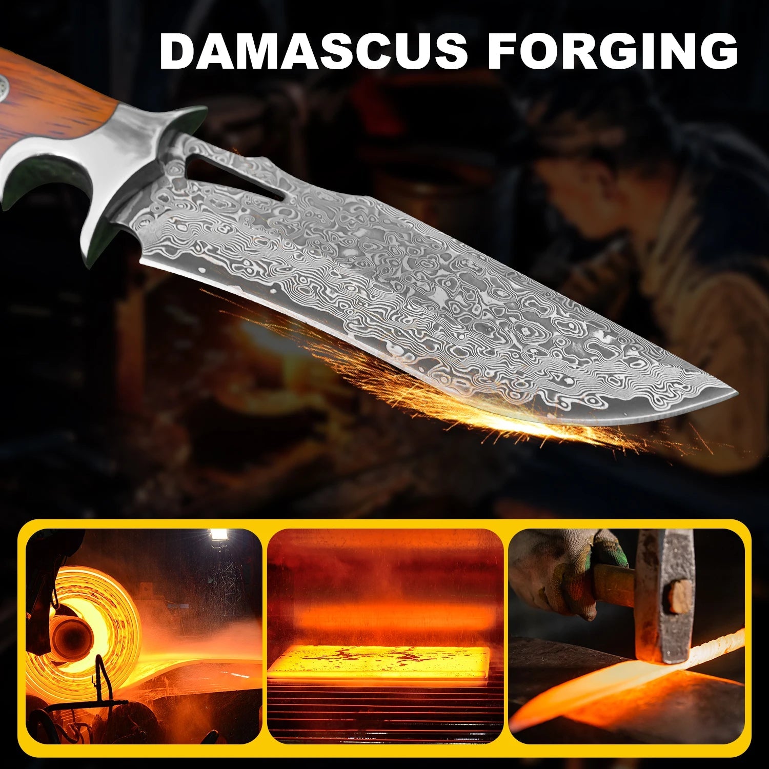 Damascus handmade knife with a beautifully detailed blade showcasing the forging process