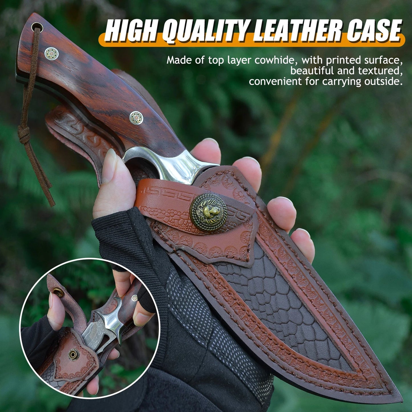 Damascus handmade knife with a beautiful leather case, ideal for outdoor use and carrying convenience.