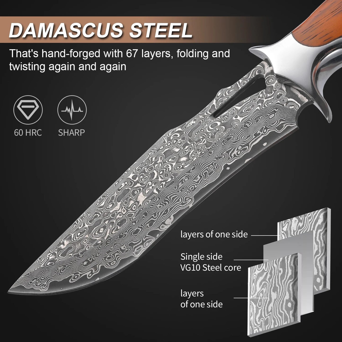 Damascus handmade knife features 67-layer hand-forged steel with a sharp edge and ergonomic handle design