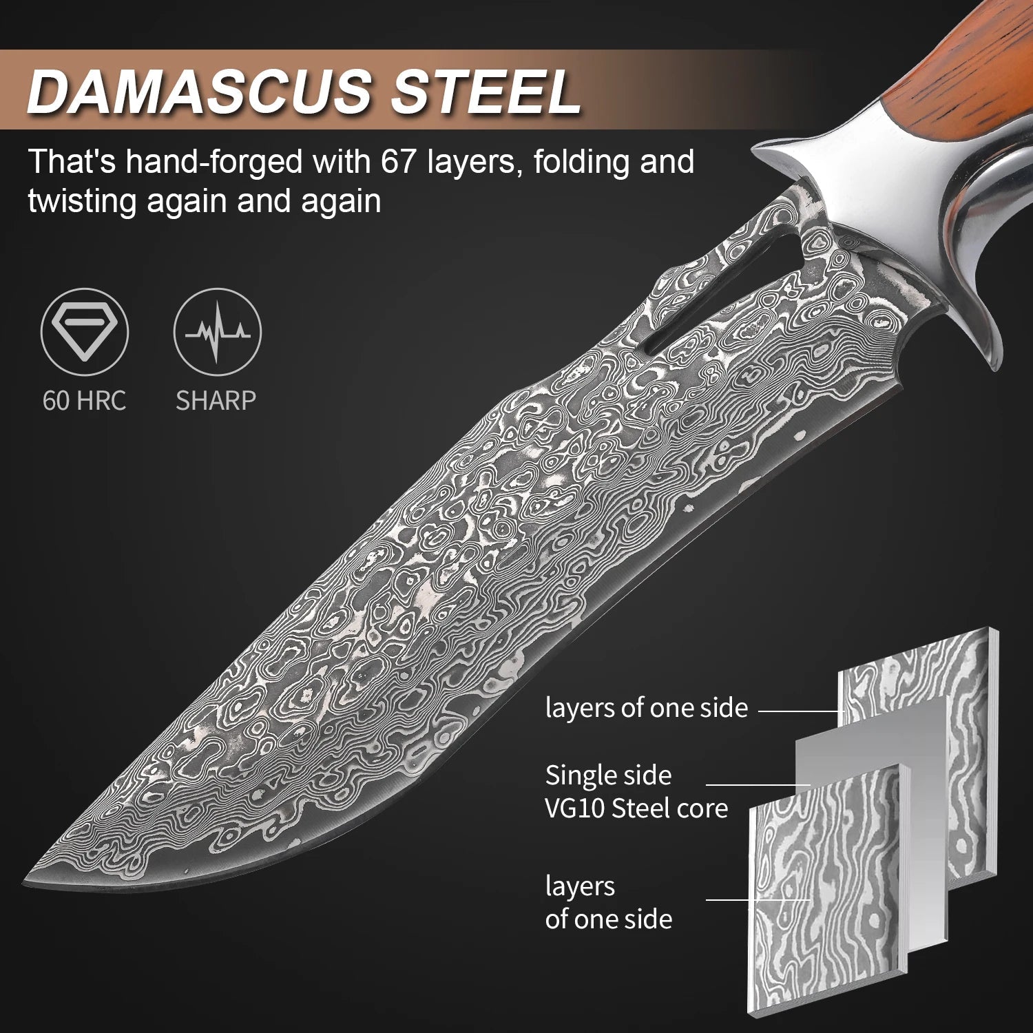 Damascus handmade knife features 67-layer hand-forged steel with a sharp edge and ergonomic handle design