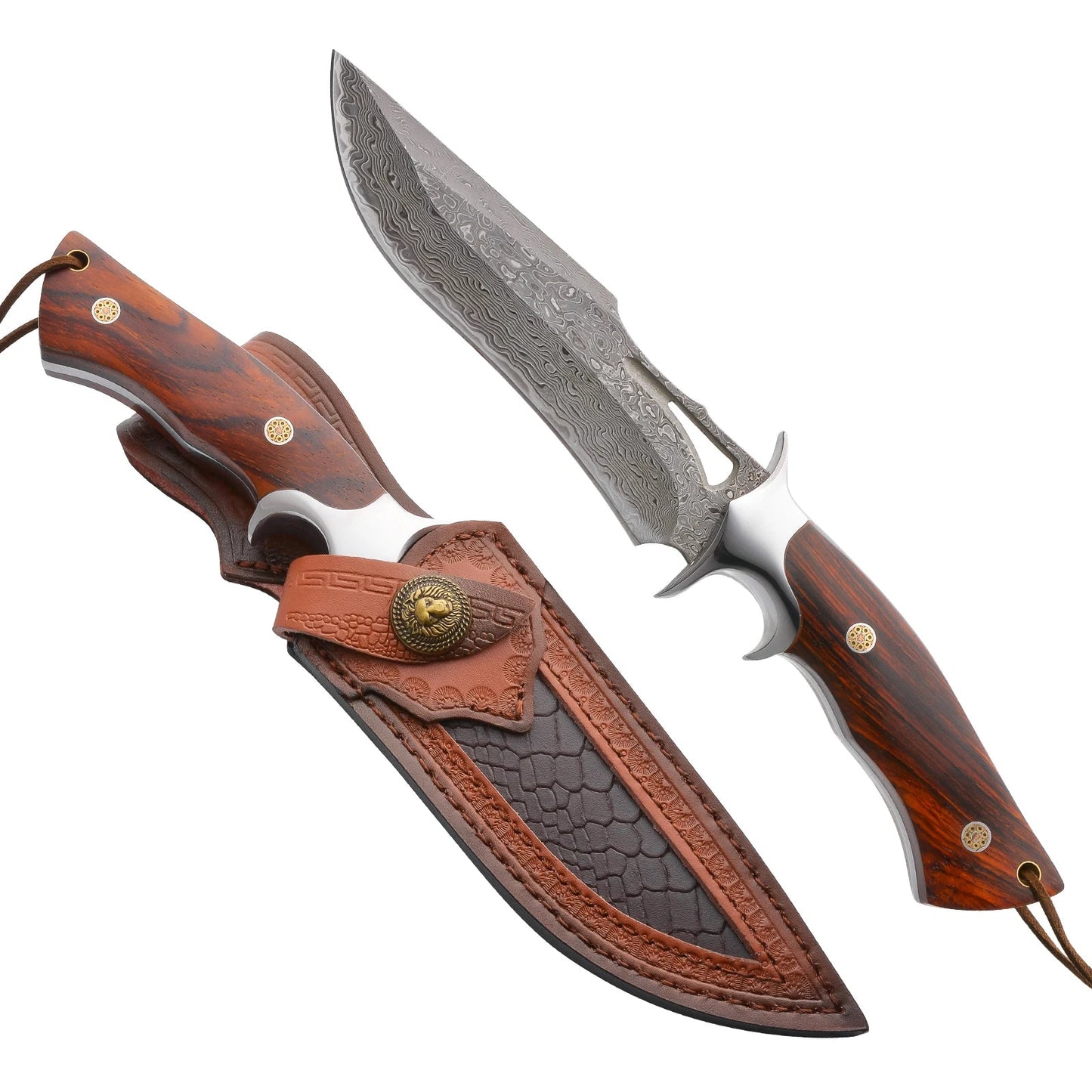 Damascus handmade knife with a curved blade and wooden handle, includes a decorative leather sheath