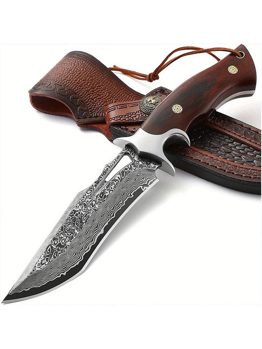 Military-Outdoors Damascus handmade knife with a decorative blade and wooden handle, complete with a sheath