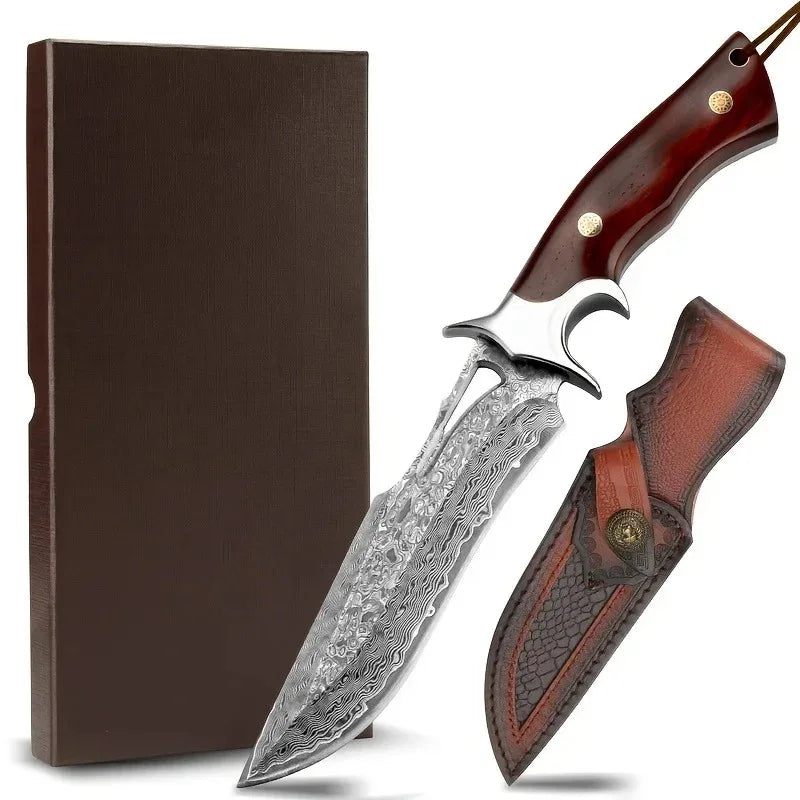 Damascus handmade knife with box and wooden handle for outdoor use