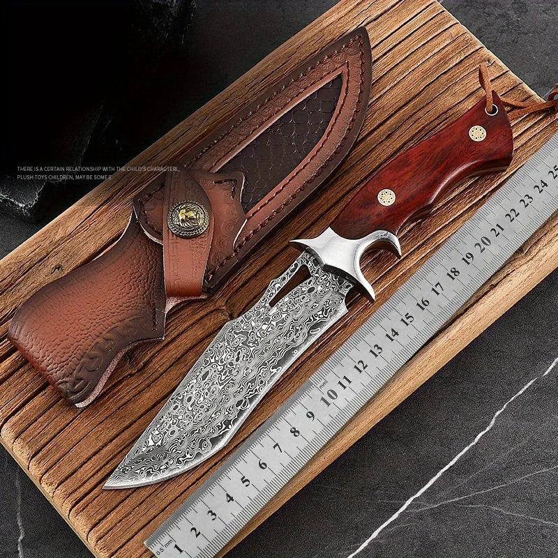 Damascus handmade knife with wooden handle and leather sheath, resting on a wooden cutting board