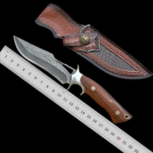 Damascus steel handmade knife with wood handle and leather sheath, featuring intricate blade design