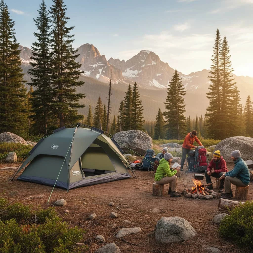 Military-Outdoors 3-4 person outdoor tent set up in a scenic campsite with people around a campfire
