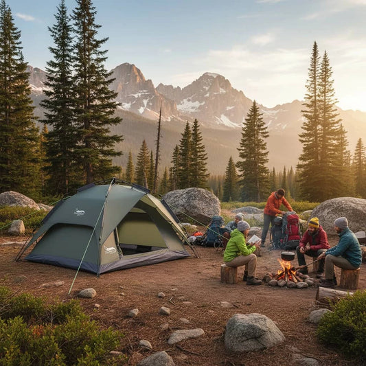 Military-Outdoors 3-4 person outdoor tent set up in a scenic campsite with people around a campfire