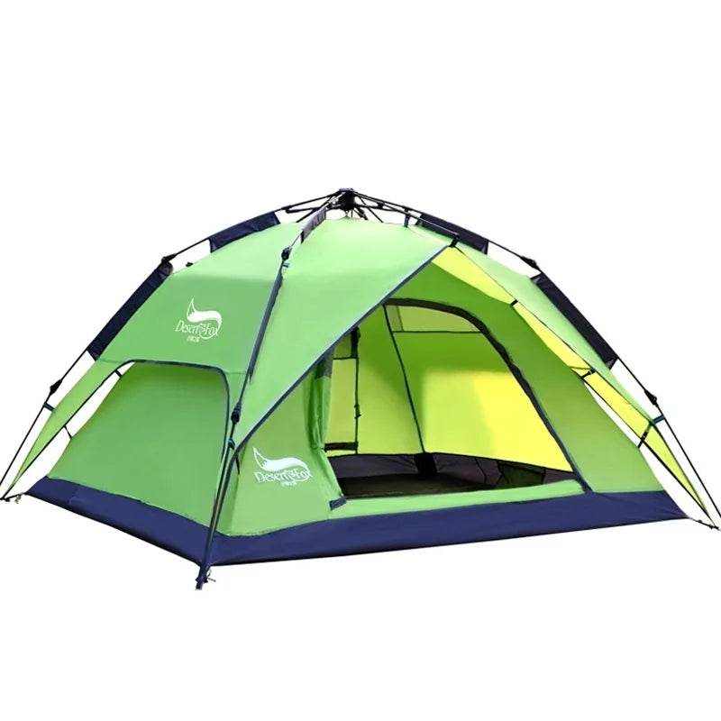 Military-Outdoors 3-4 person outdoor tent in bright green and navy, ideal for camping trips