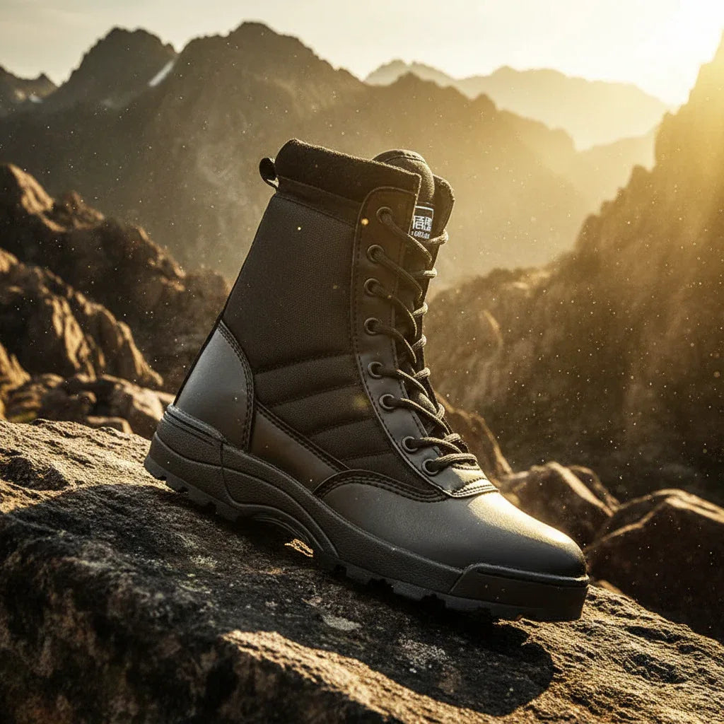 Black desert tactical boots designed for rugged outdoor adventures