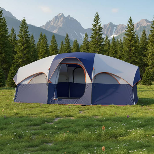 Spacious double layer family camping tent with multiple entrances and weather-resistant design for outdoor camping