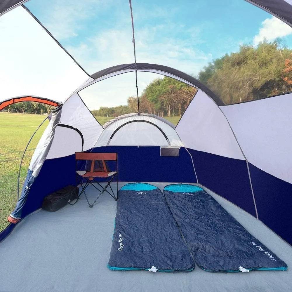 Spacious double layer family camping tent featuring two sleeping mats and a cozy interior for camping comfort