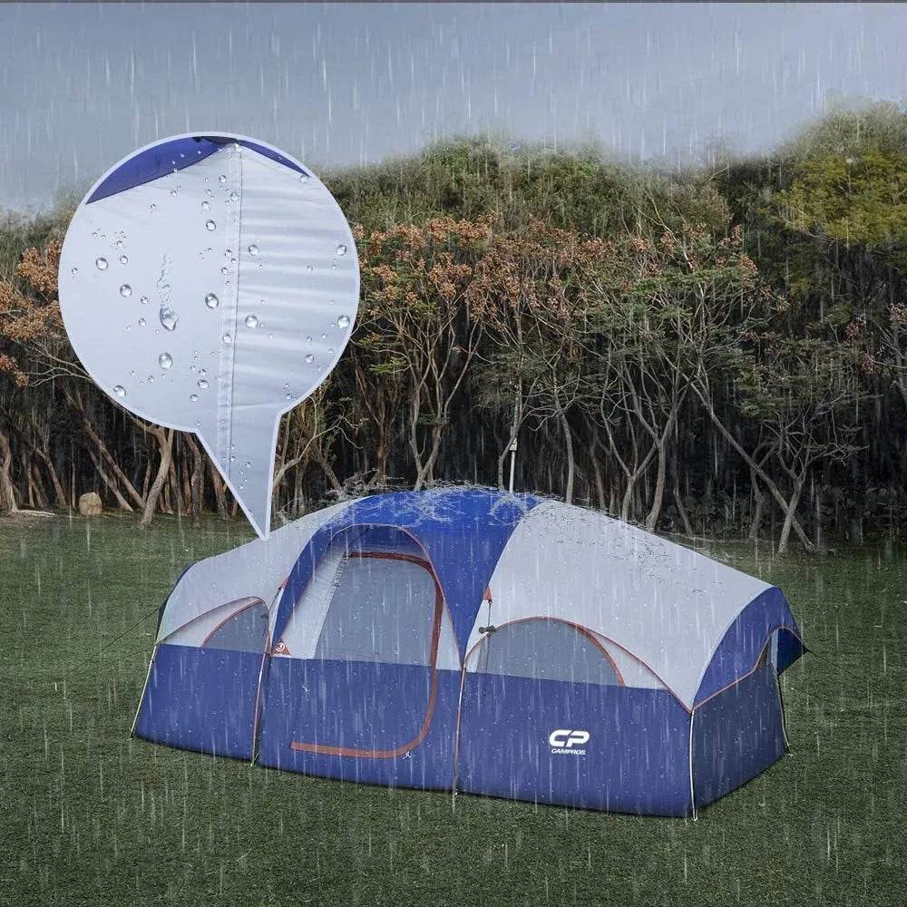 Double layer family camping tent featuring water-resistant design ideal for outdoor camping in rainy weather
