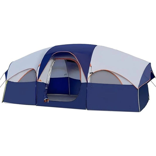 Spacious double layer family tent with multiple entrances and weather-resistant design for outdoor camping