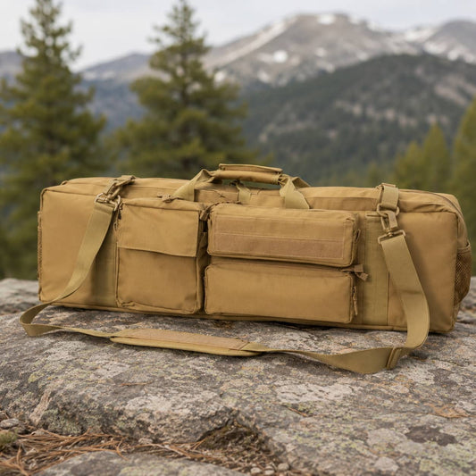 Dual long gear carry bag made from nylon with MOLLE-style platform and multiple storage pockets