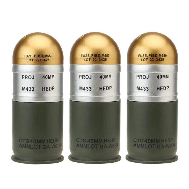 Set of three dummy grenade models in green and gold for training use