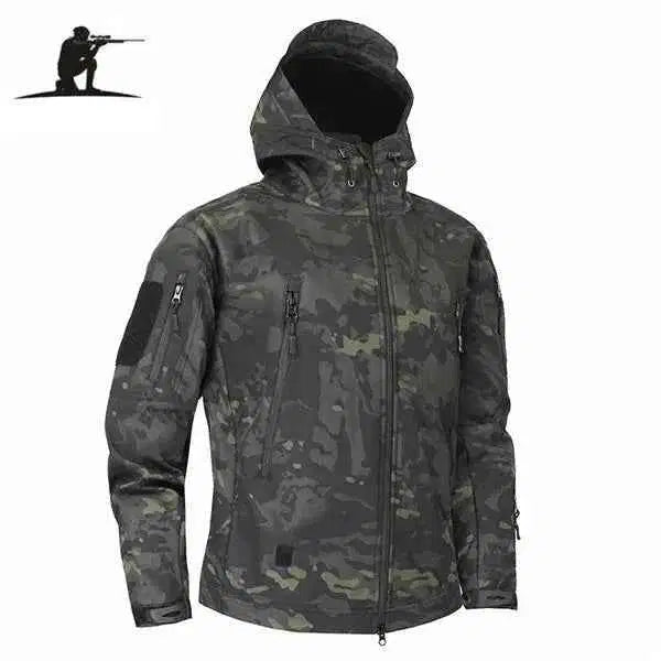 Durable fleece tactical jacket in gray camo design with adjustable hood and multiple zippered pockets