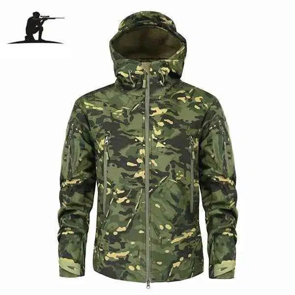 Durable fleece tactical jacket in camo pattern designed for outdoor activities and protection