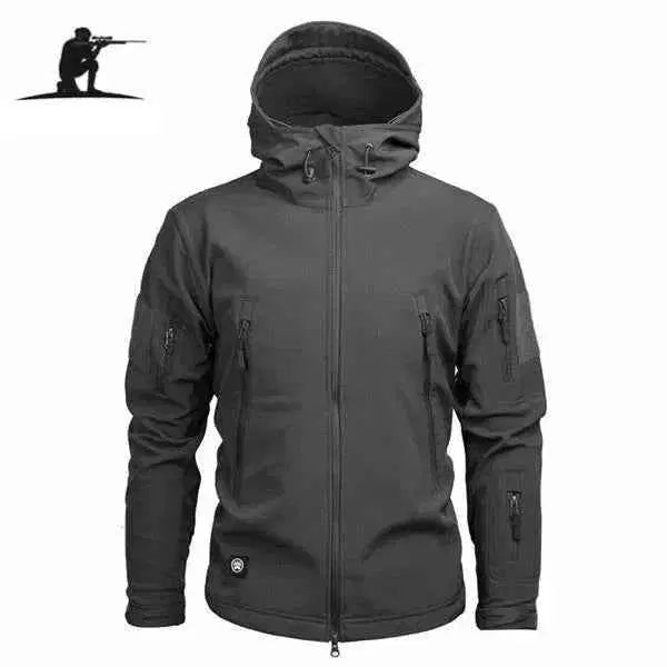 Durable fleece tactical jacket in black with multiple zippered pockets for outdoor activities