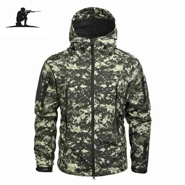 Durable fleece tactical jacket in camouflage pattern with a hood and zippered front for outdoor activities