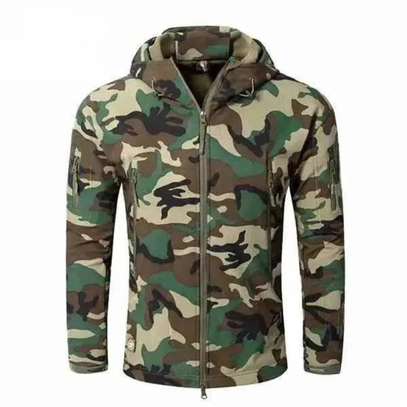 Durable fleece tactical jacket in a camo design for outdoor and military enthusiasts