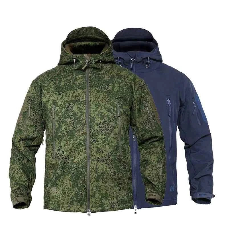Durable fleece tactical jacket in camo and navy designs, ideal for outdoor activities and rugged use