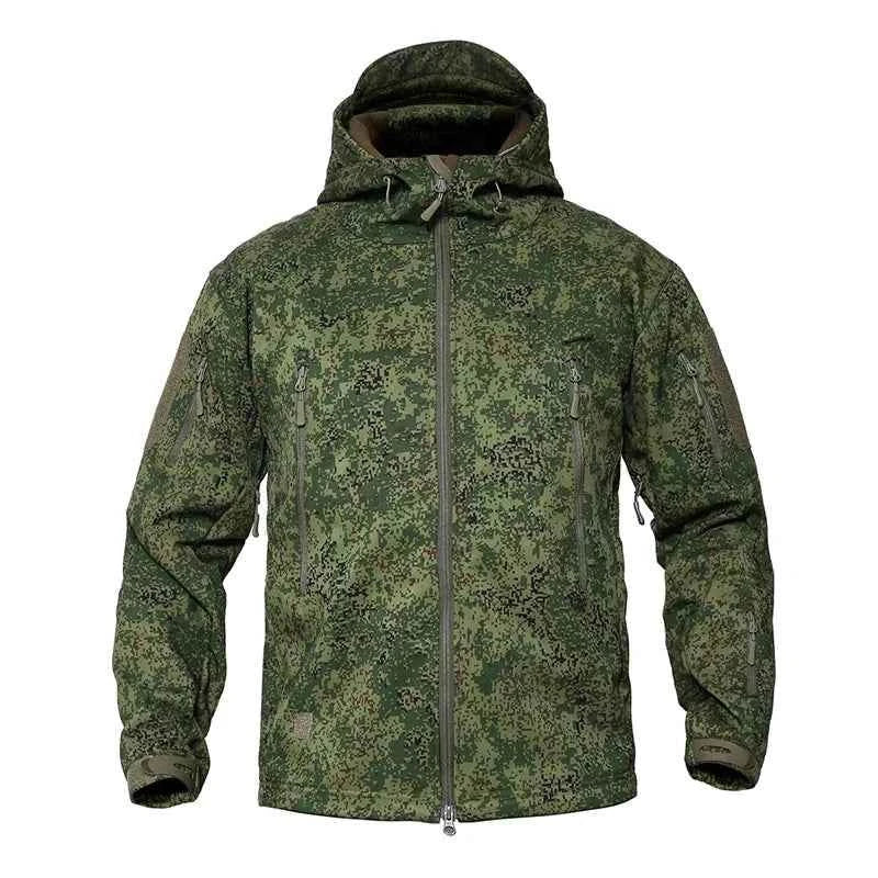 Durable fleece tactical jacket in camouflage pattern with adjustable hood and multiple pockets