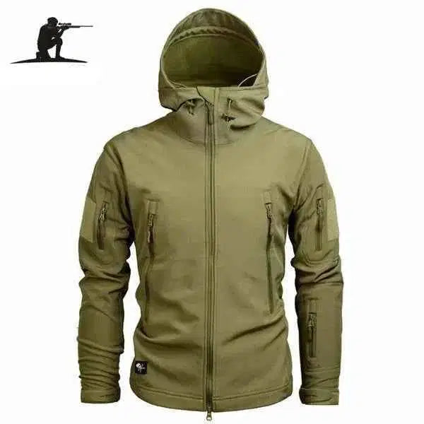 Durable fleece tactical jacket in olive green with multiple pockets and a hood for outdoor activities