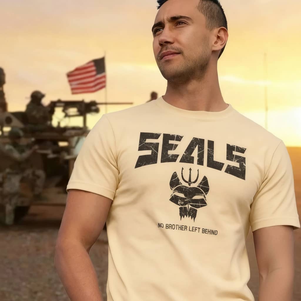 Men's beige SEALS T-shirt with a graphic print, perfect as durable military clothing for outdoor activities.