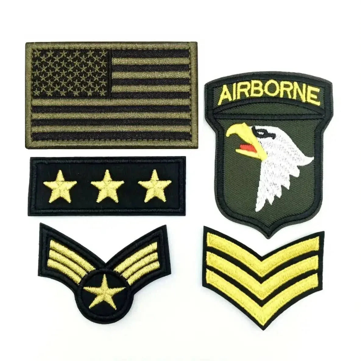 Embroidered patch set featuring US flag and military insignia