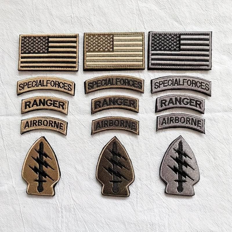 Embroidered patch set featuring Army logos and badges in various colors