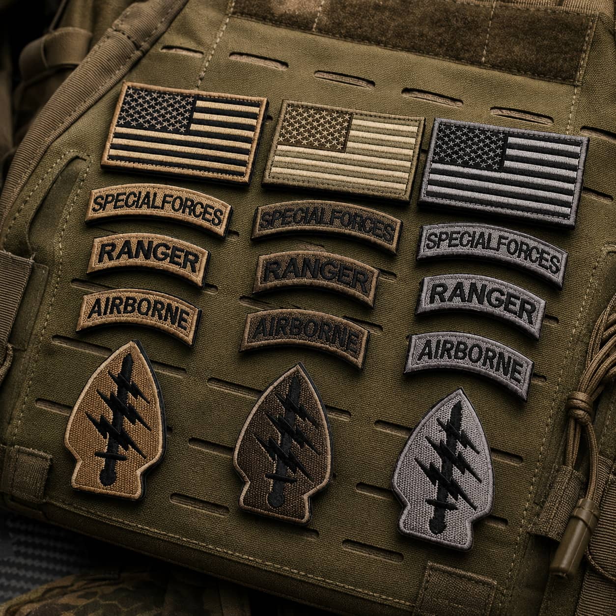 Embroidered patch set featuring Army logos and insignias for military gear
