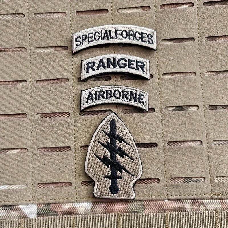 Embroidered patch set featuring Special Forces, Ranger, and Airborne patches