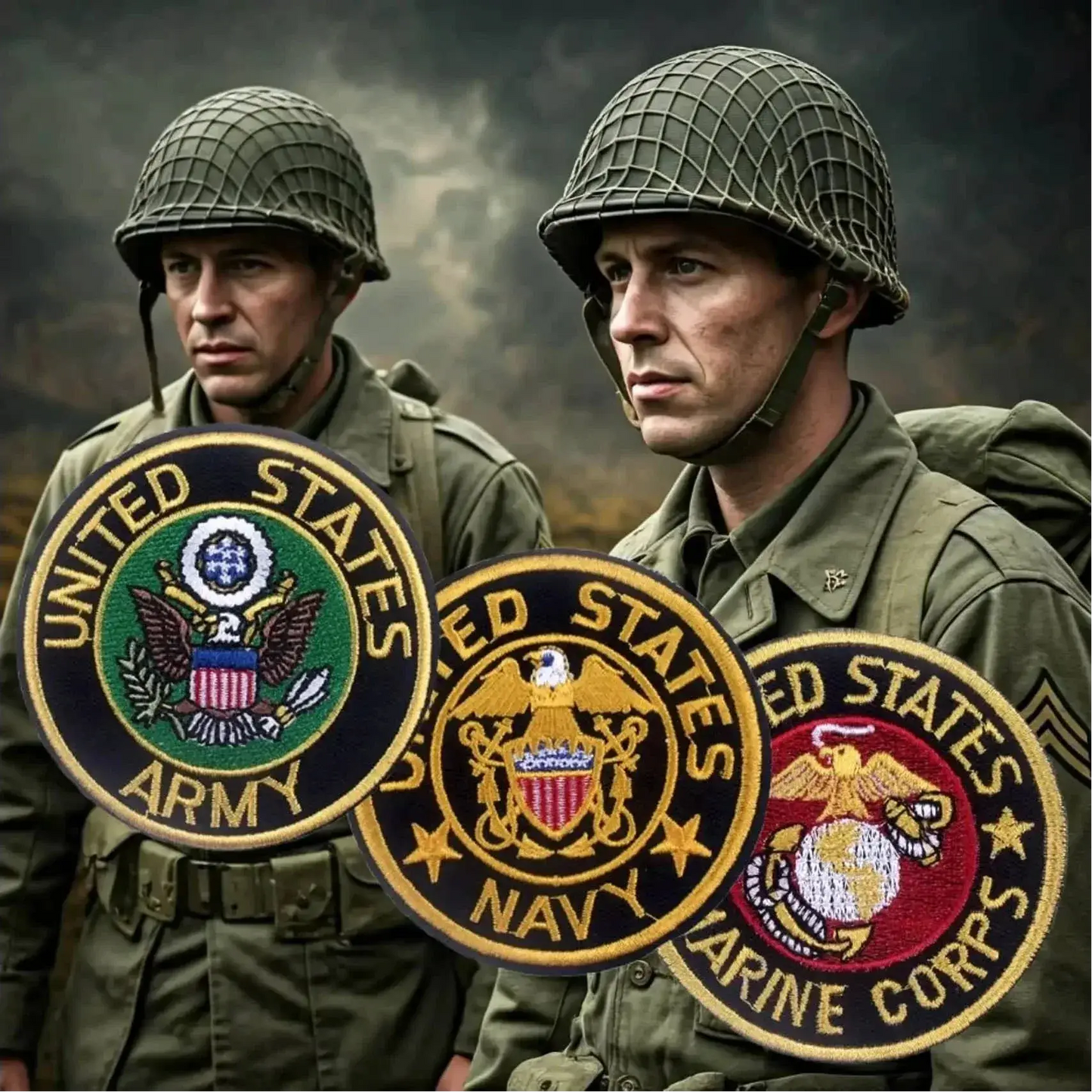 Embroidered patch set with United States Army, Navy, and Marine Corps logos