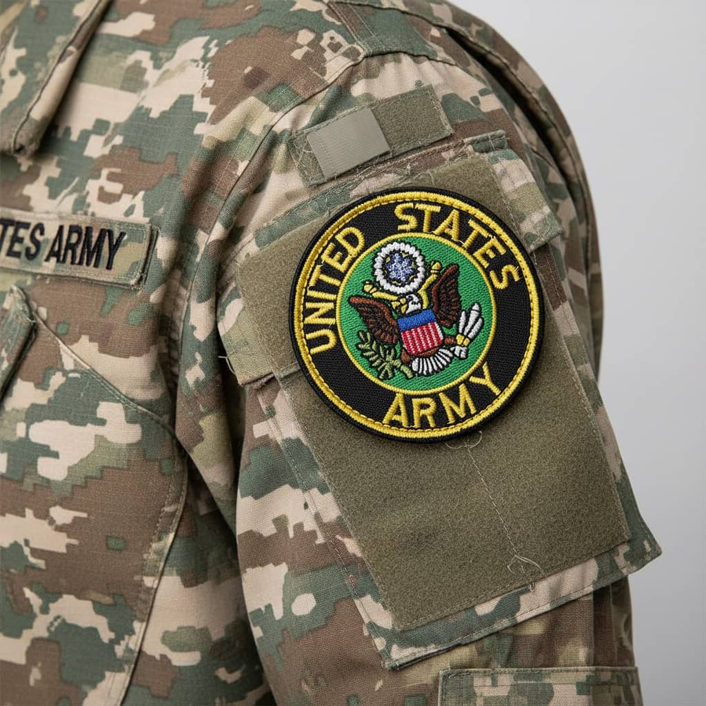 United States Army embroidered patch set on military camouflage uniform