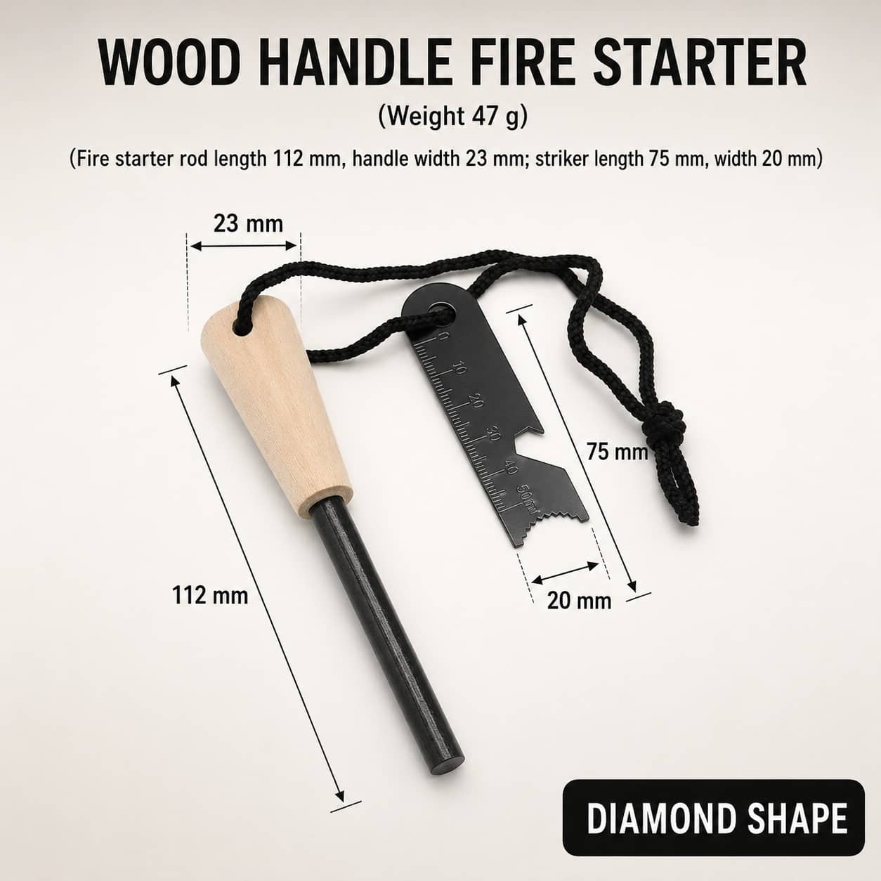 Emergency fire starter stick with wood handle for outdoor survival