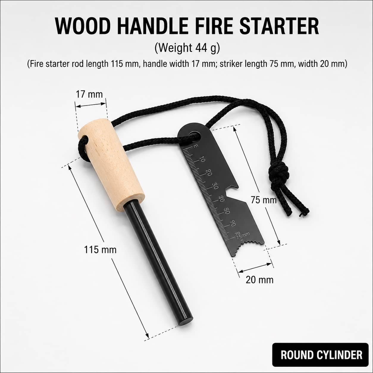 Emergency fire starter stick with wood handle for quick fire ignition