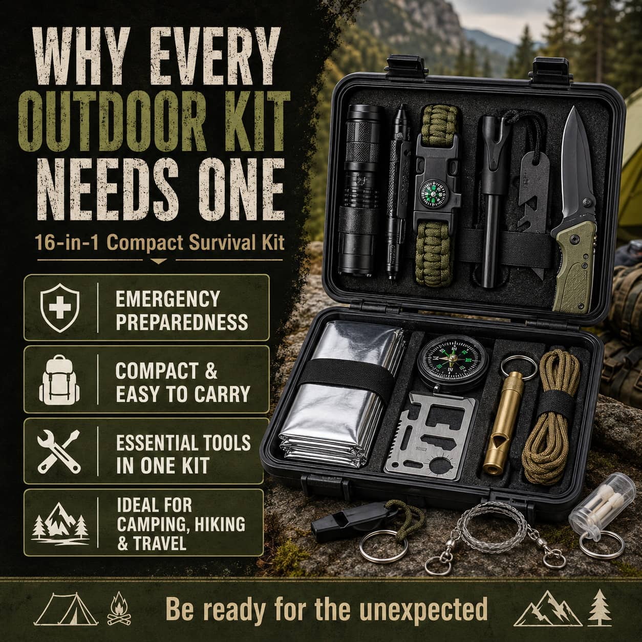 16-in-1 Compact Survival Kit for emergency preparedness and easy travel