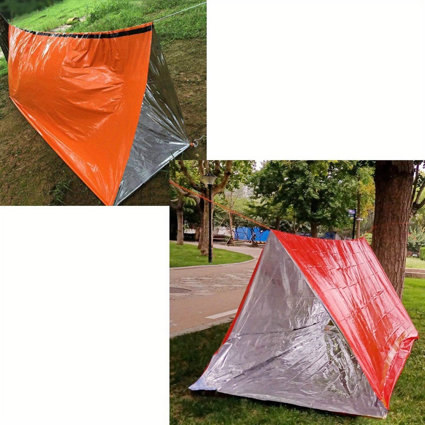 2-person emergency shelter tent in bright orange and silver, ideal for outdoor survival situations