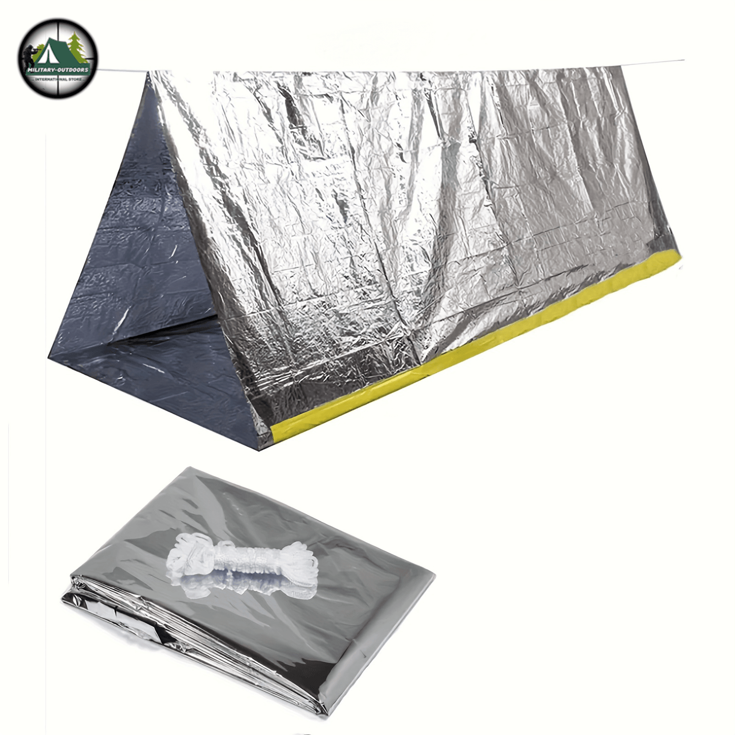 Compact 2-person emergency shelter tent with reflective material for outdoor protection and warmth