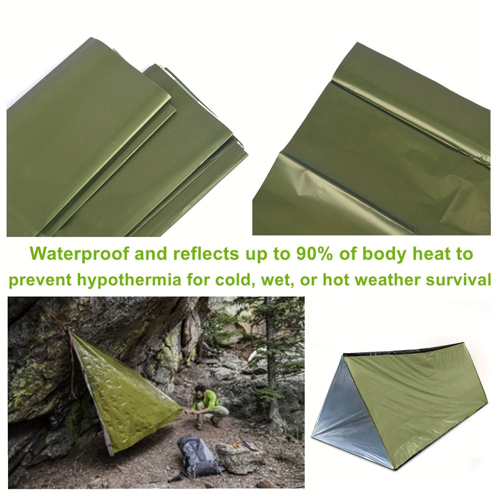2-person emergency shelter tent made from waterproof material that reflects 90 percent of body heat for survival