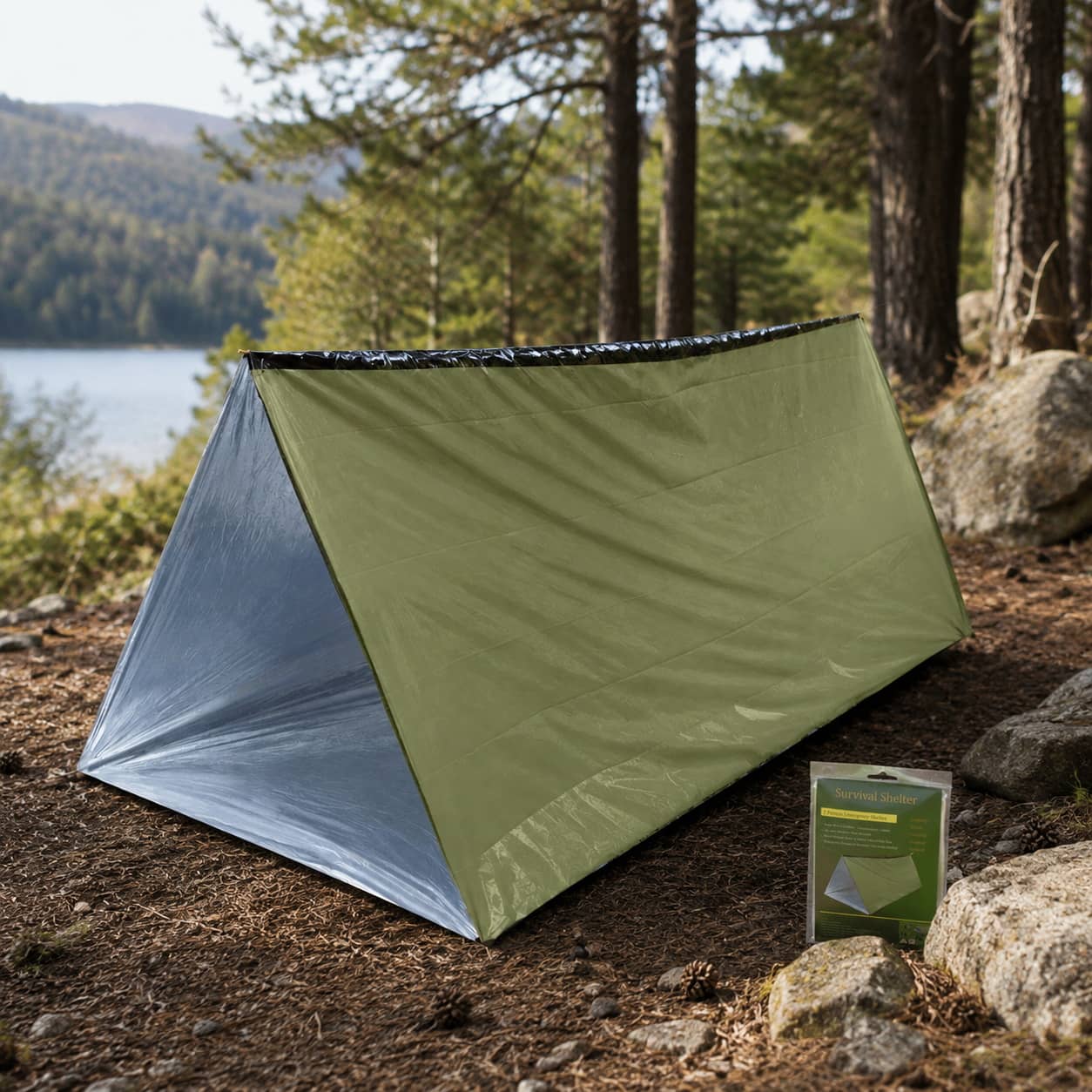 Emergency shelter tent in green for outdoor survival and protection