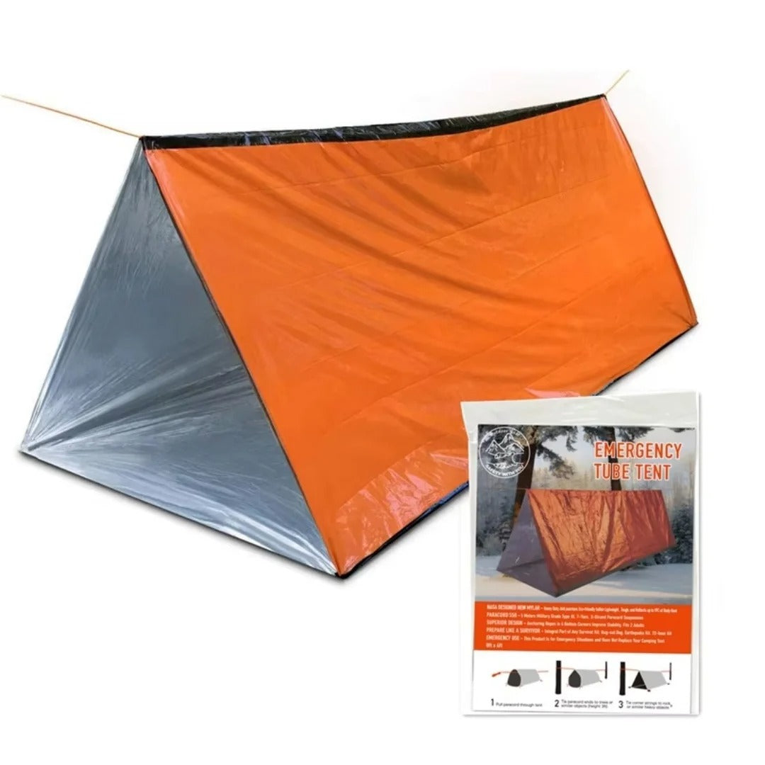Compact 2-person emergency shelter tent in orange and silver with setup instructions included