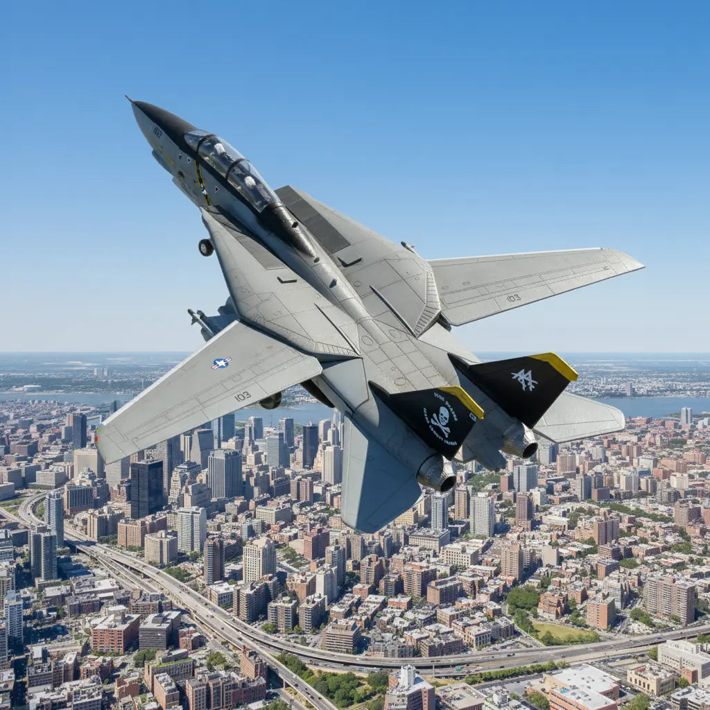 F-14 fighter jet model in gray soaring over a city skyline