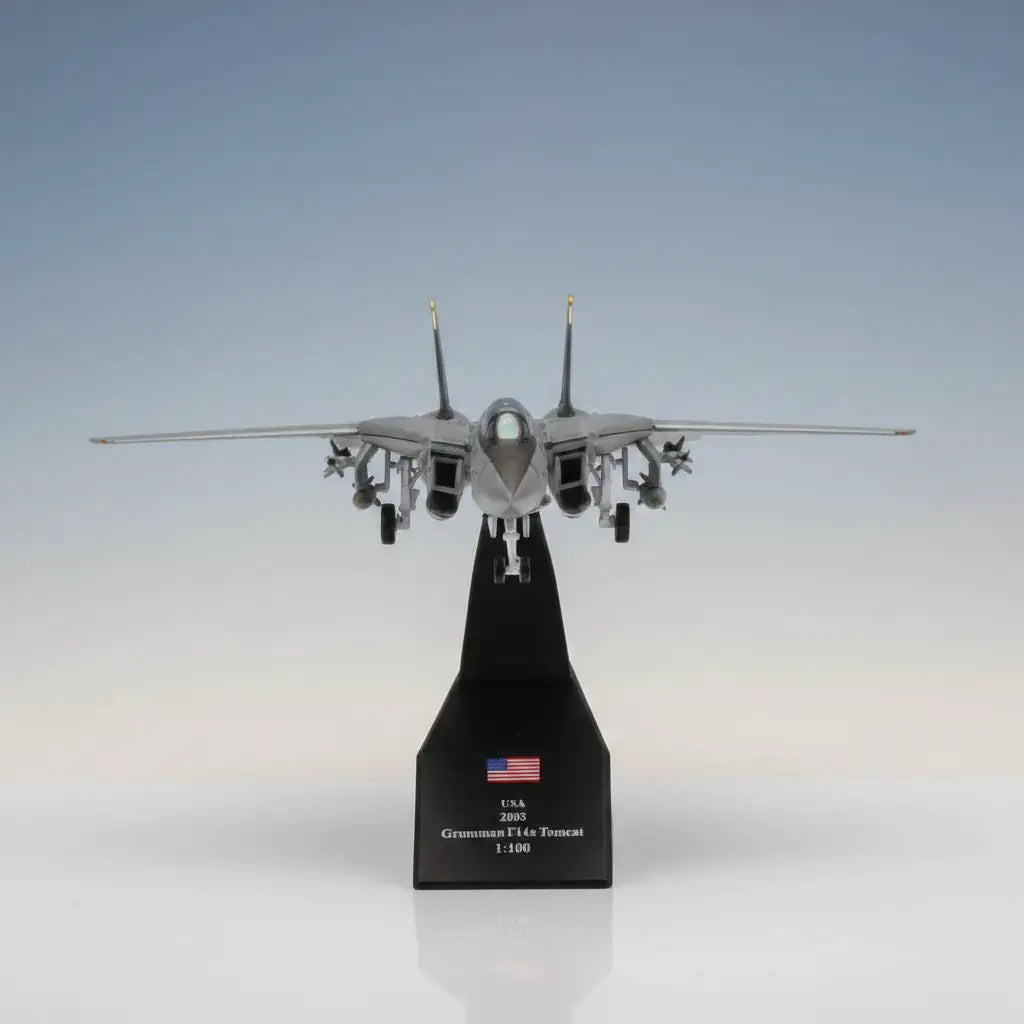 F-14 fighter jet model in grey with detailed features on display