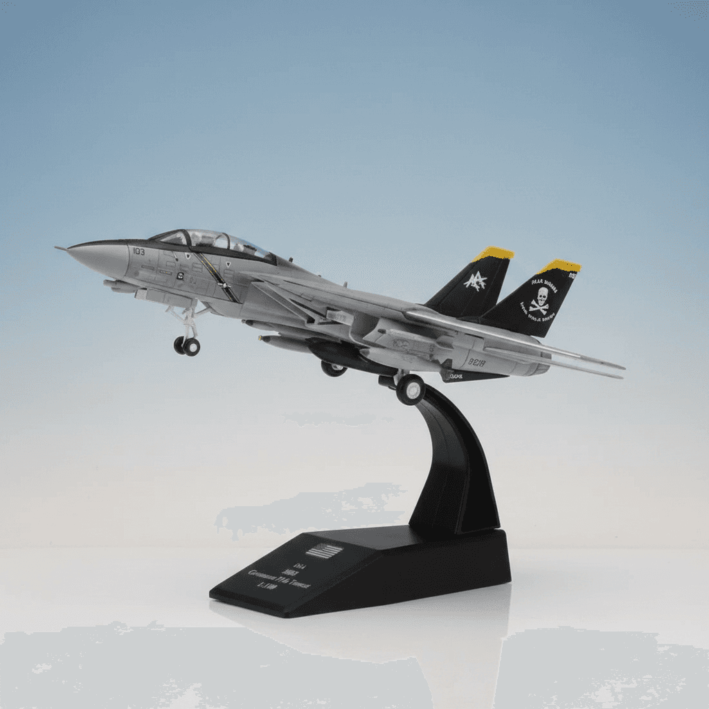 F-14 fighter jet model in gray with display stand for collectors